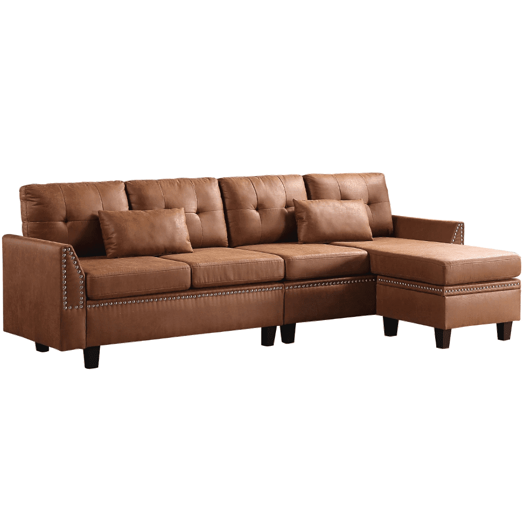 Viatol High Back Couch Mid-century Suede Leather Wood Legs Chaise Sofa - Oak Inside