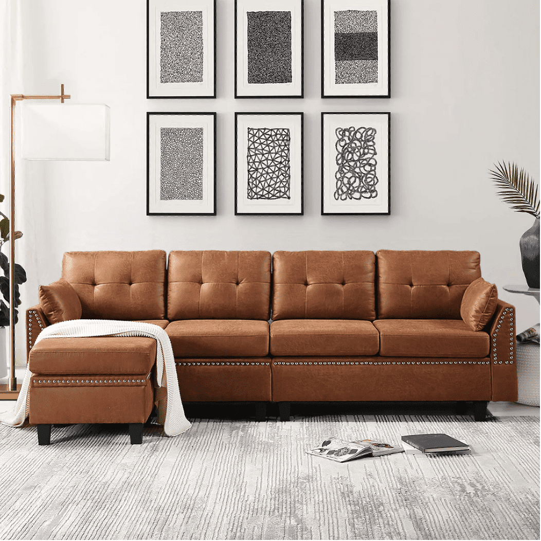Viatol High Back Couch Mid-century Suede Leather Wood Legs Chaise Sofa - Oak Inside