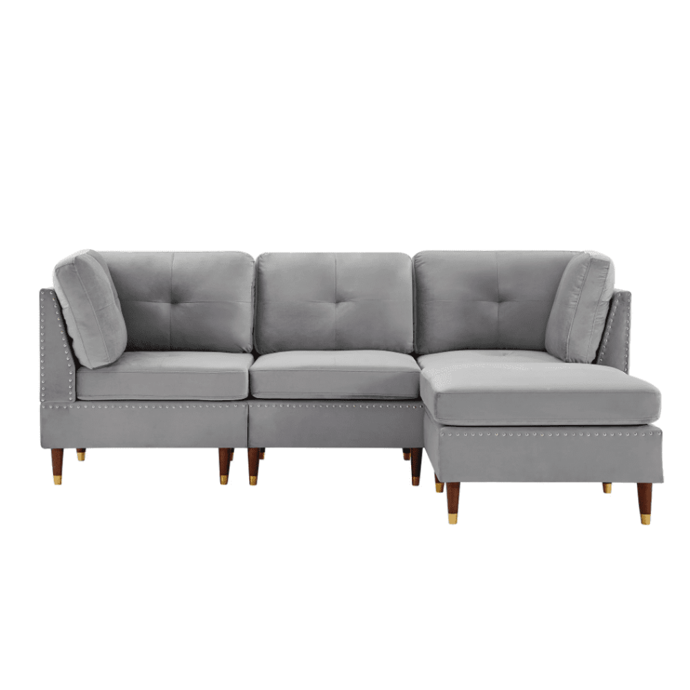 Glossy Sectional Suede Sofa Set With Ottoman - Oak Inside