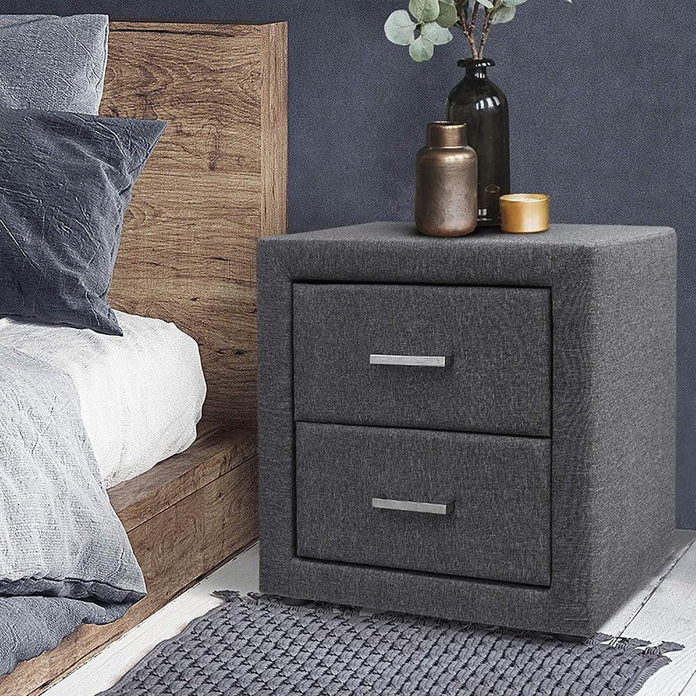 Artiss Fabric Bedside Table with 2 Drawers - Oak Inside
