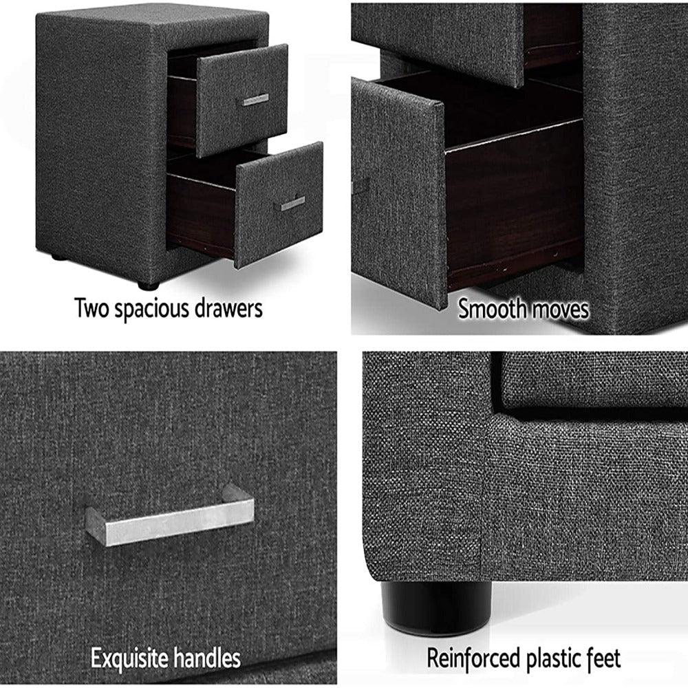 Artiss Fabric Bedside Table with 2 Drawers - Oak Inside