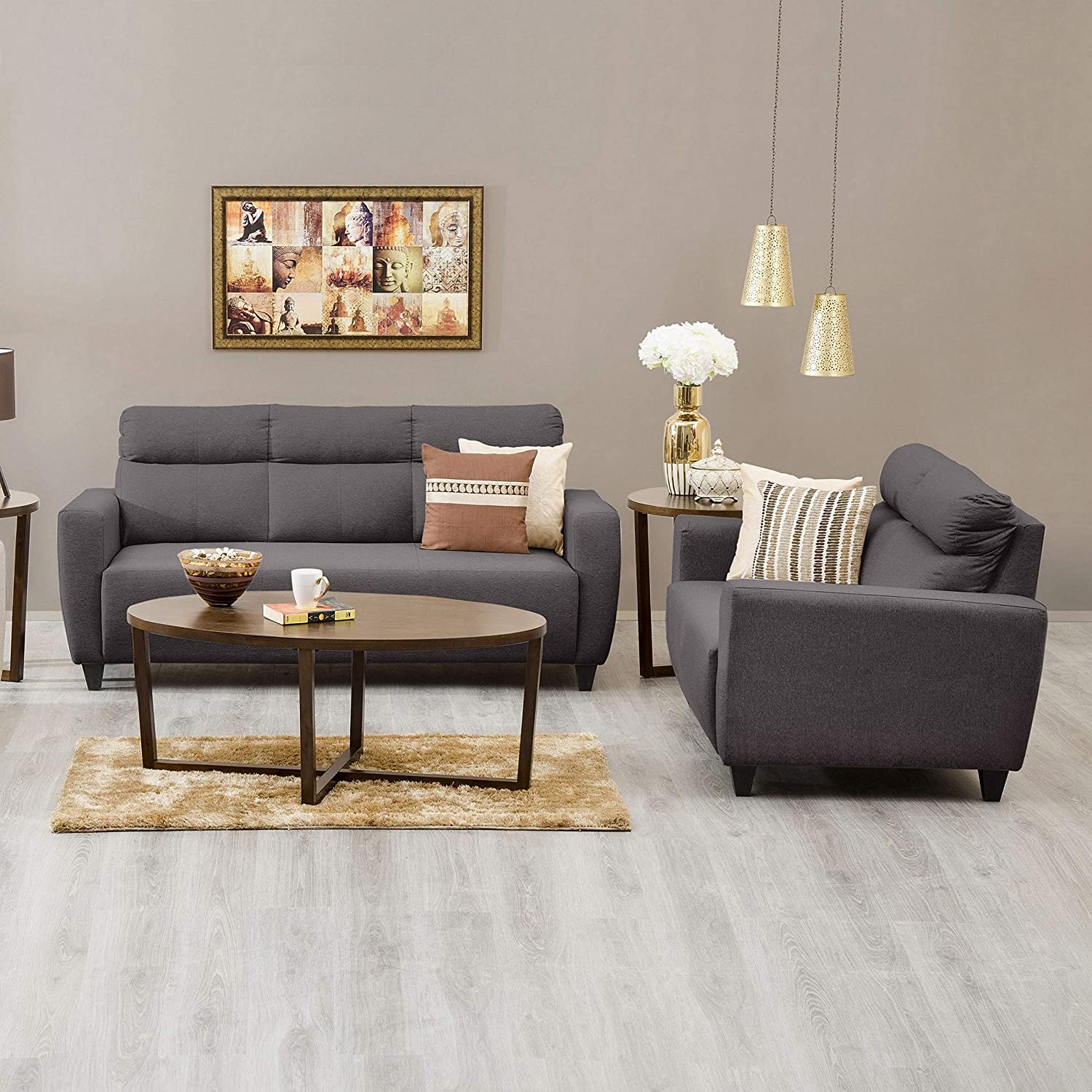 Zolo Suede Sofa Set in Grey Color - Oak Inside