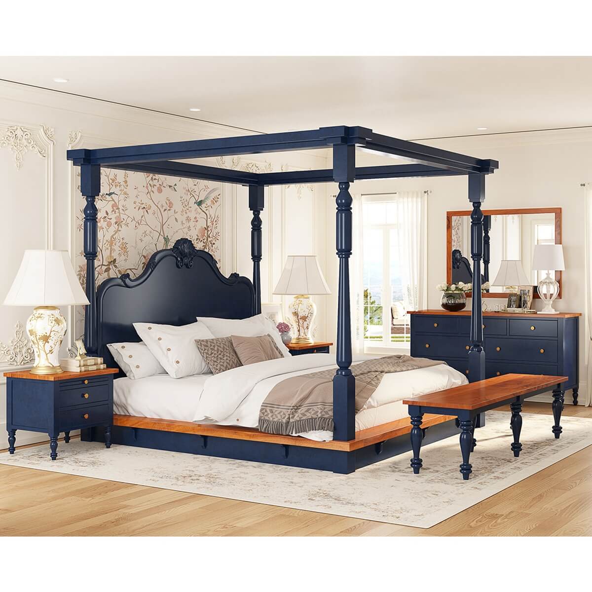 Florance Solid Wood Luxury Poster Bed in Honey Oak