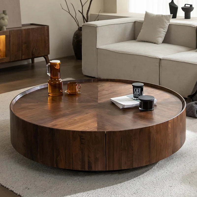 Oak Inside Wooden coffee table with drinks in a living room setting