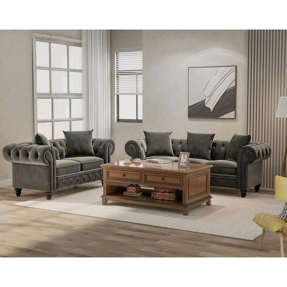 Cosmo Line Chesterfield Sofa Set in Grey - Oak Inside