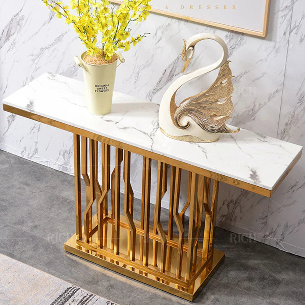 Uniline Golden Console Table - Stainless Steel - Oak Inside