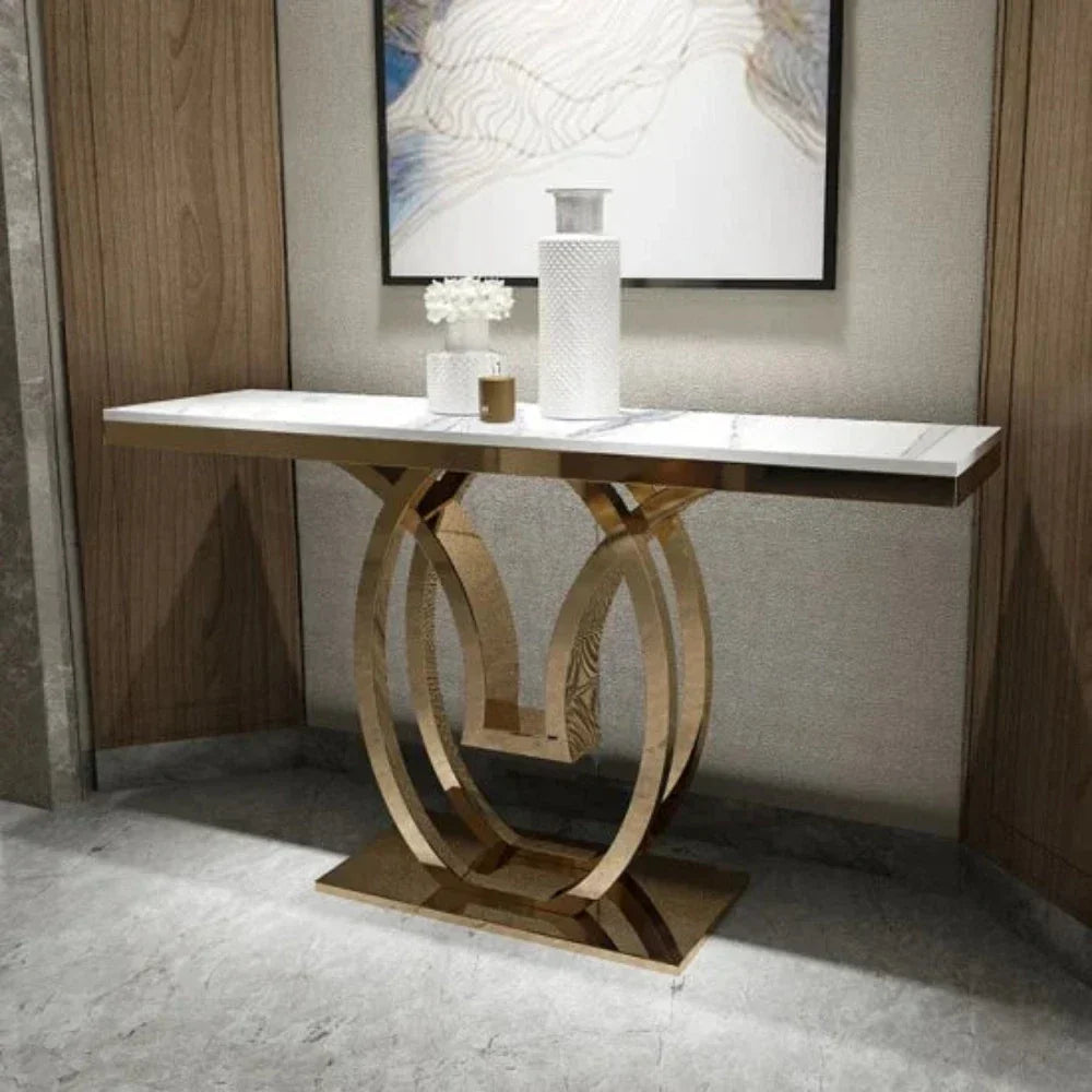 Oval Golden Console Table - Stainless Steel - Oak Inside