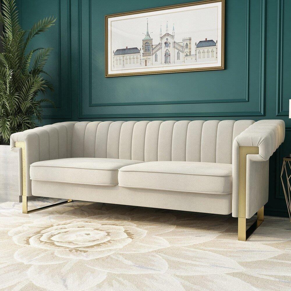 Glam Sofa Set in Beige With Golden SS Frame - Oak Inside
