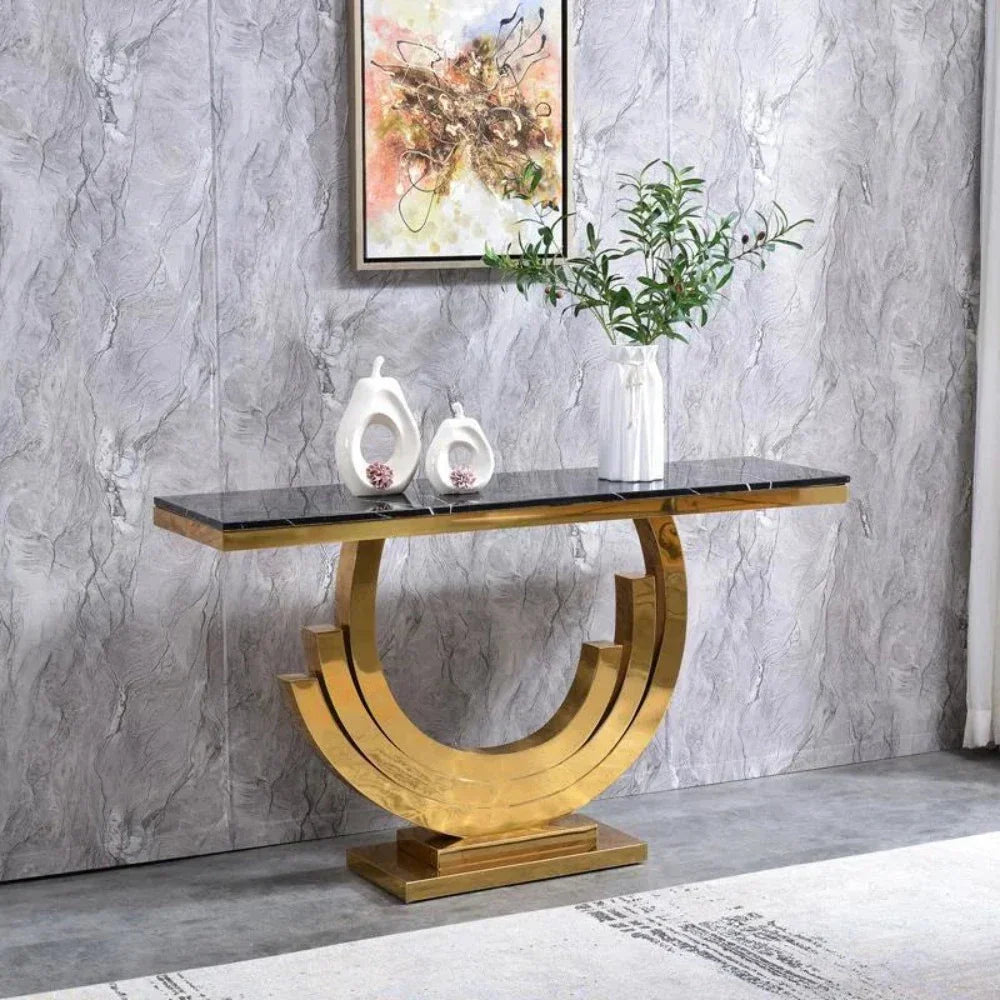 Classic Golden Console Table - Stainless Steel - Oak Inside
