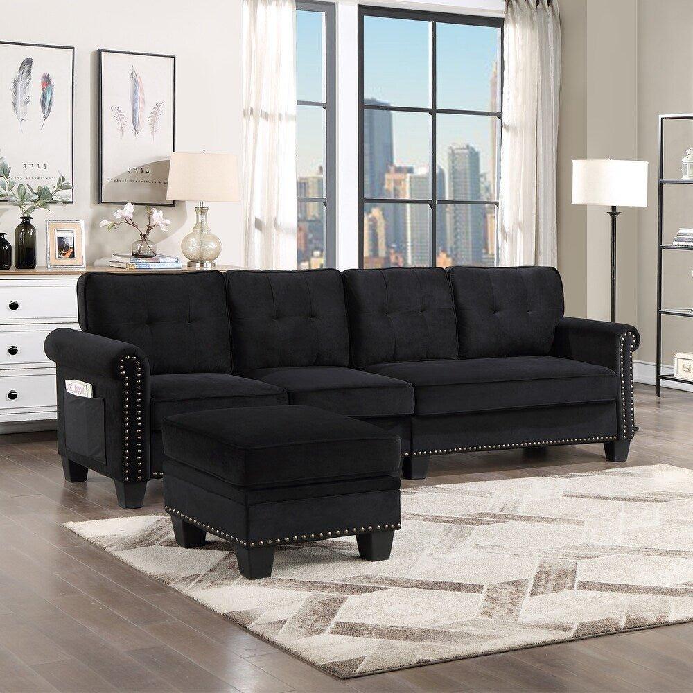 Delray Suede Sectional Sofa in Black - Oak Inside