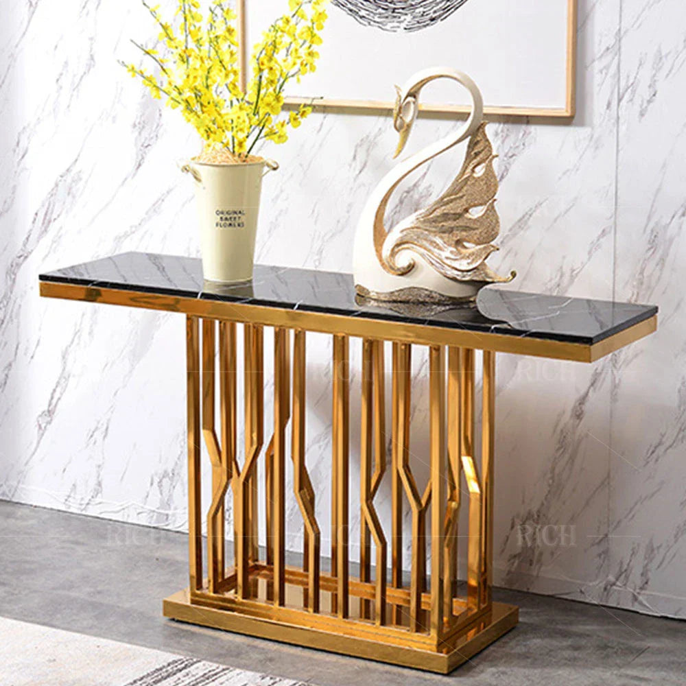 Uniline Golden Console Table - Stainless Steel - Oak Inside