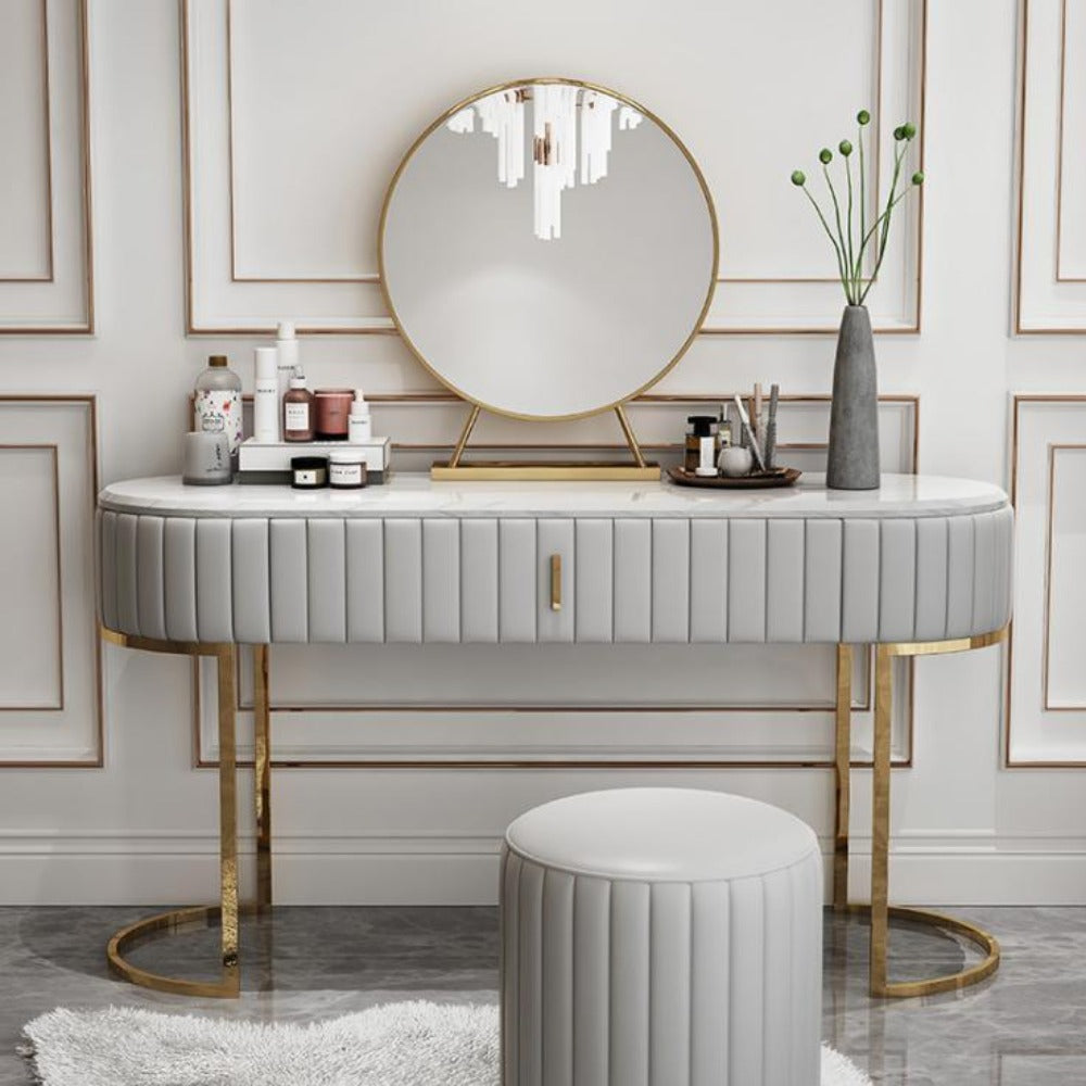 Nexa Dressing Table With Ottoman In Stainless Steel - Gold - Oak Inside