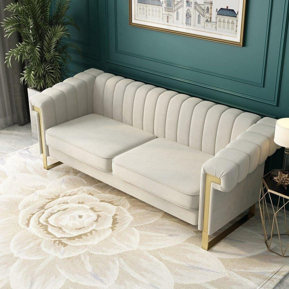 Glam Sofa Set in Beige With Golden SS Frame - Oak Inside