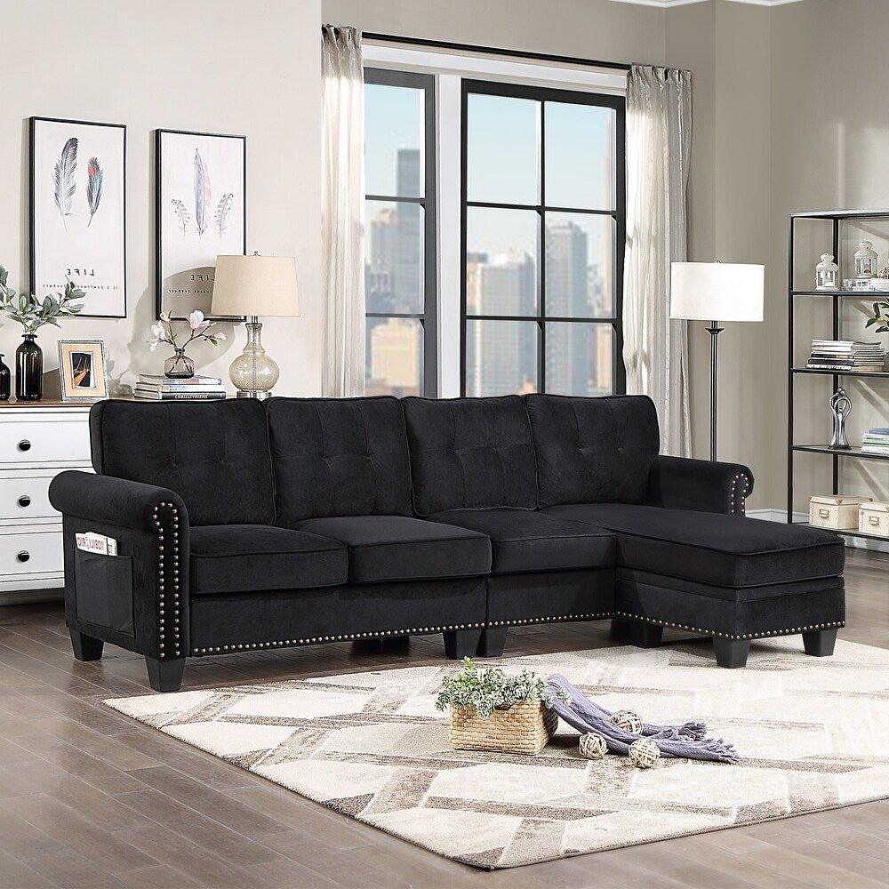 Delray Suede Sectional Sofa in Black - Oak Inside