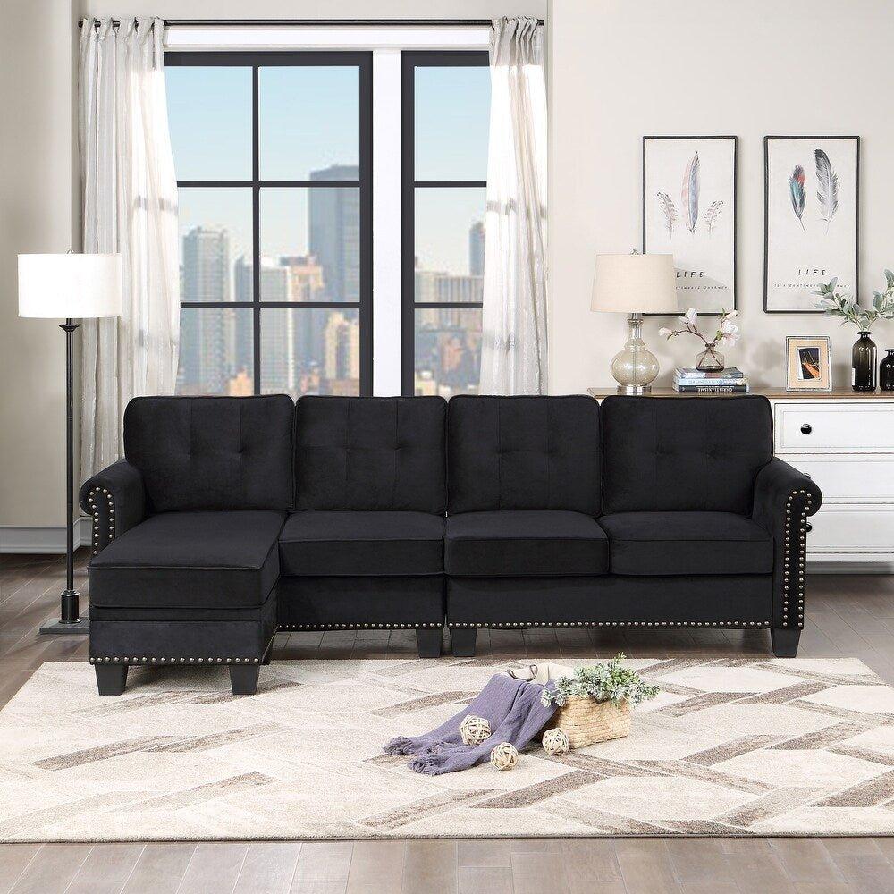 Delray Suede Sectional Sofa in Black - Oak Inside