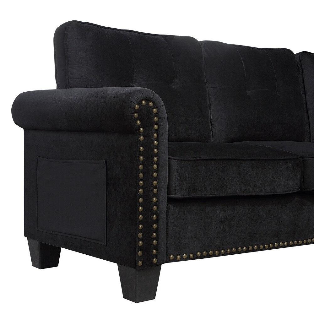 Delray Suede Sectional Sofa in Black - Oak Inside