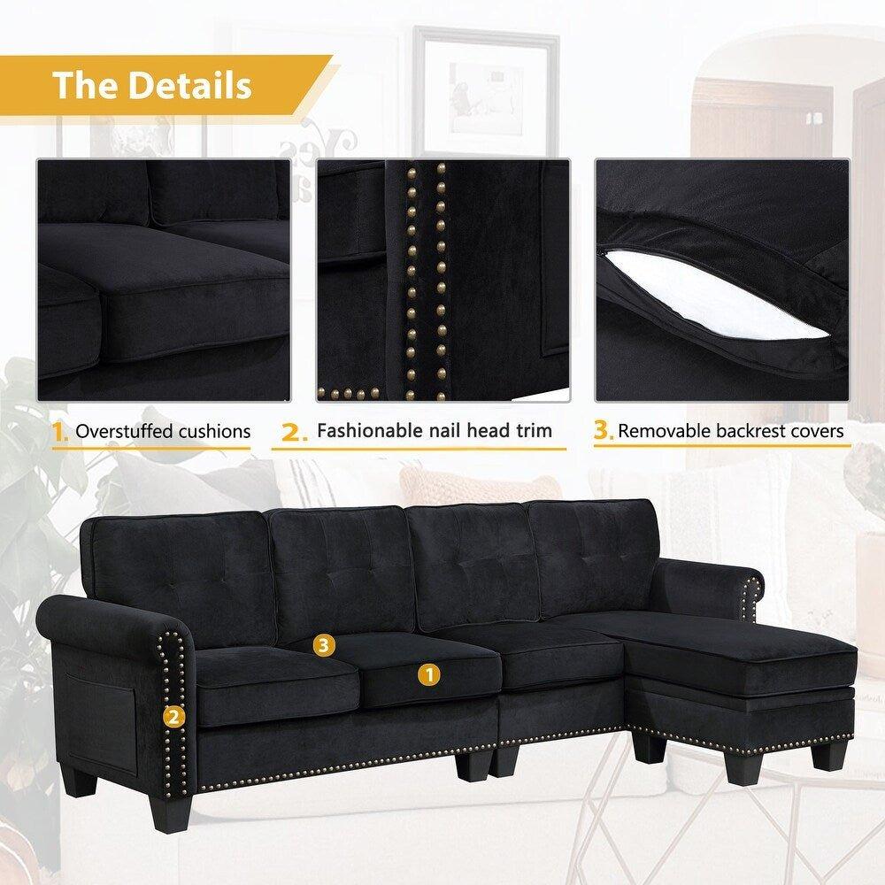 Delray Suede Sectional Sofa in Black - Oak Inside