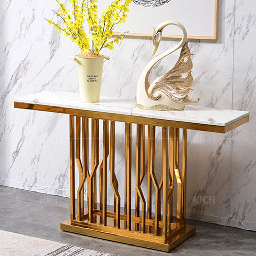 Uniline Golden Console Table - Stainless Steel - Oak Inside