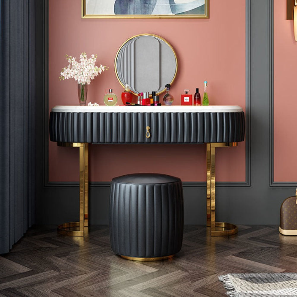 Nexa Dressing Table With Ottoman In Stainless Steel - Gold - Oak Inside