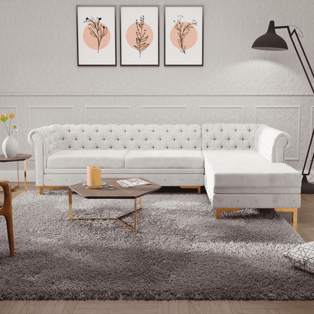 Lexis Tufted back Suede Chesterfield Sectional Sofa - Oak Inside