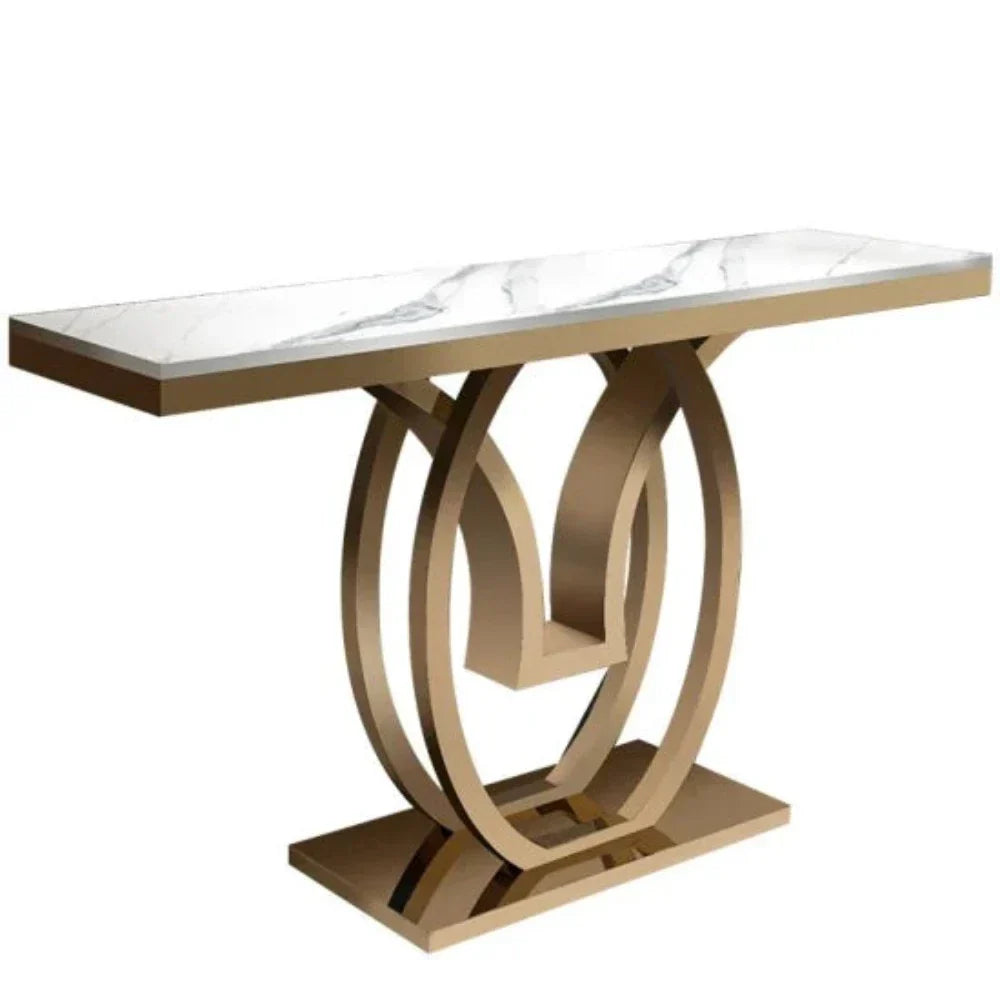 Oval Golden Console Table - Stainless Steel - Oak Inside