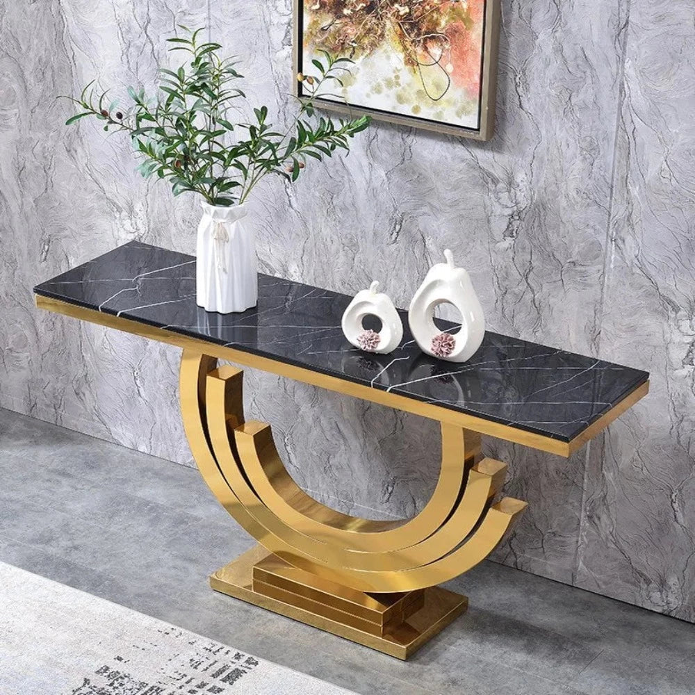 Classic Golden Console Table - Stainless Steel - Oak Inside