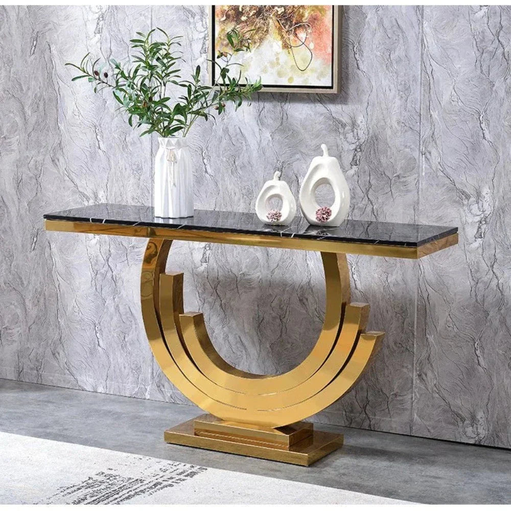Classic Golden Console Table - Stainless Steel - Oak Inside