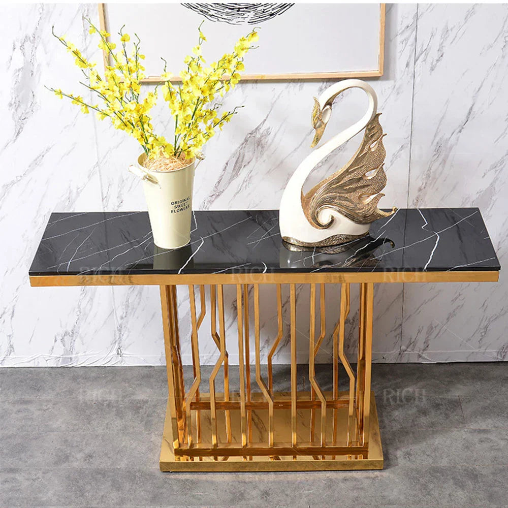 Uniline Golden Console Table - Stainless Steel - Oak Inside