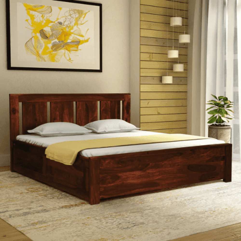 Honey Solid Wood King Size Bed with Storage in Honey Oak Finish - Oak Inside