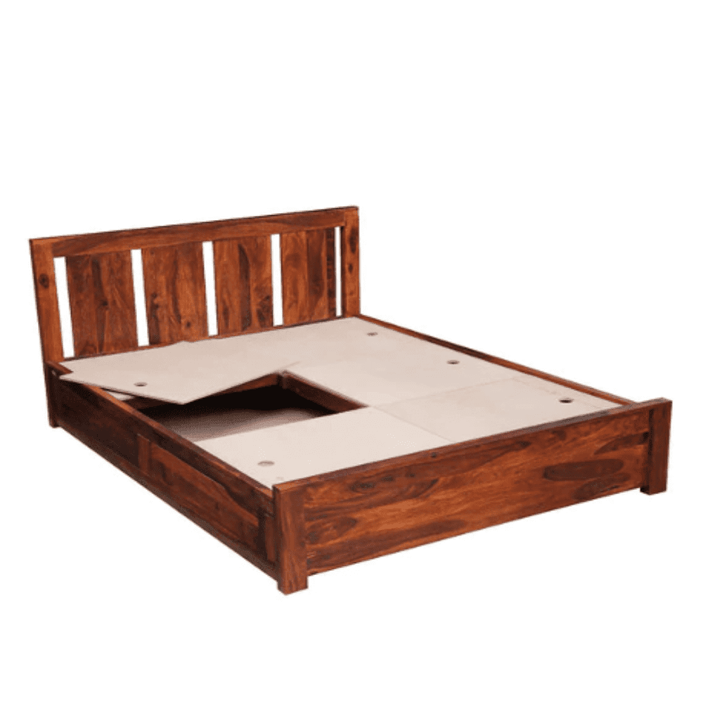 Honey Solid Wood King Size Bed with Storage in Honey Oak Finish - Oak Inside