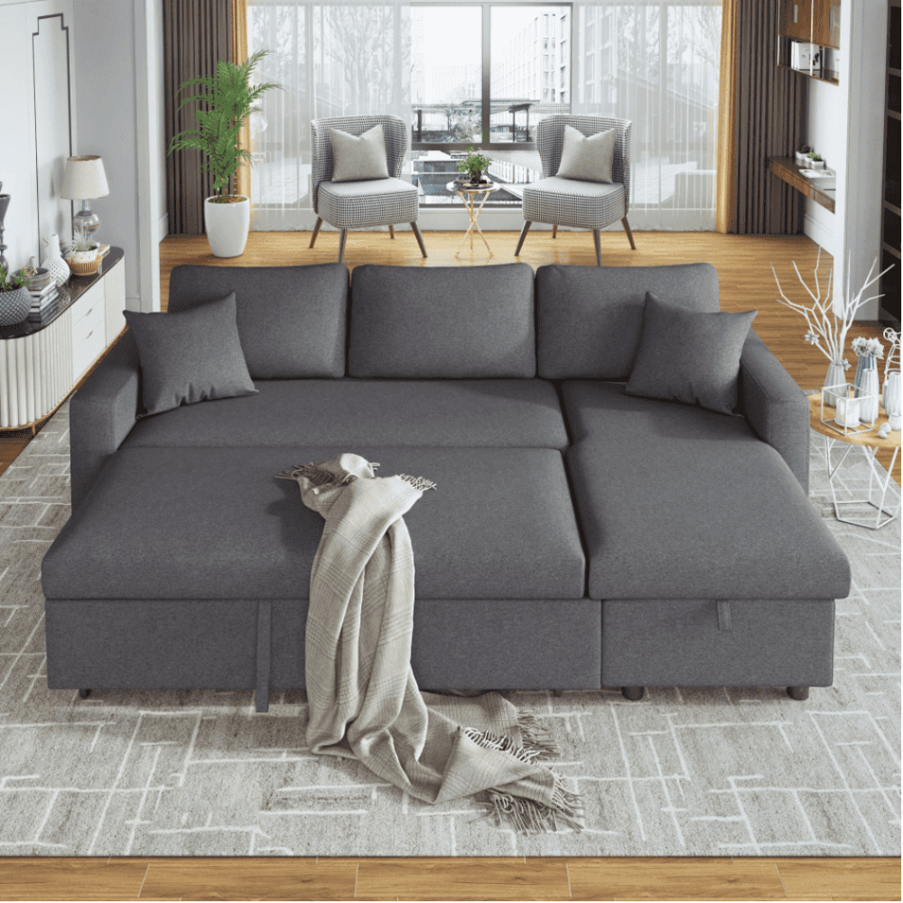Glossy L-Shaped Sectional Storage Sofa Cum Bed - Oak Inside