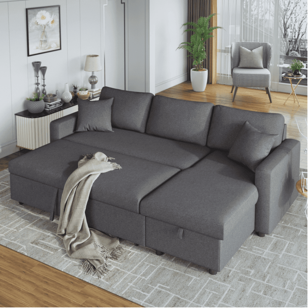 Glossy L-Shaped Sectional Storage Sofa Cum Bed - Oak Inside